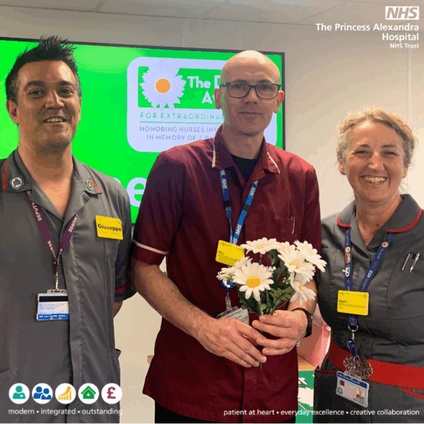 Sharon McNally, chief nurse and deputy chief executive at PAHT, and Giuseppe Labriola, deputy chief nurse at PAHT, took the opportunity to present Ron with his DAISY® Award.