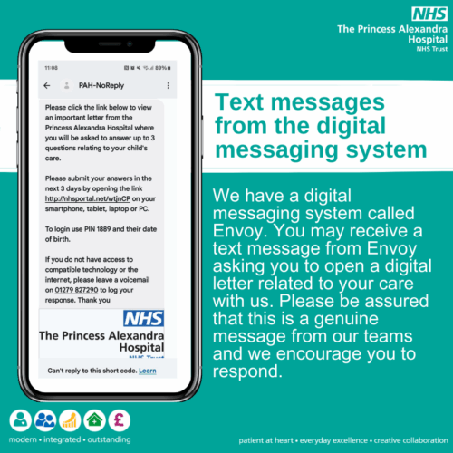 Mobile phone image concept of a text message from the Princess Alexandra Hospital.