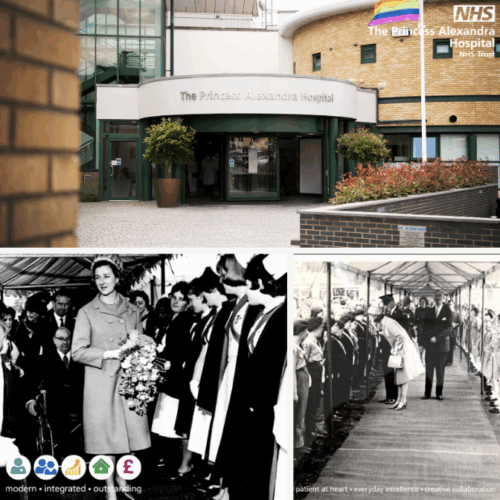 HRH Princess Alexandra at the opening ceremony, and a recent photo of the exterior of The Princess Alexandra Hospital.