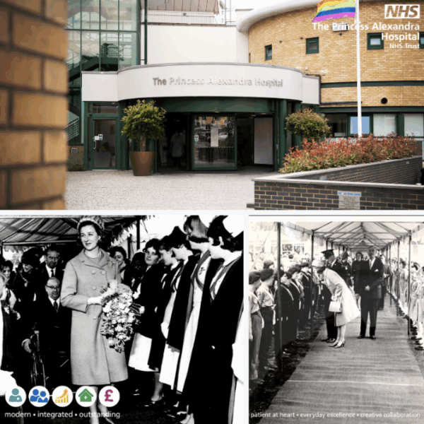 HRH Princess Alexandra at the opening ceremony, and a recent photo of the exterior of The Princess Alexandra Hospital.
