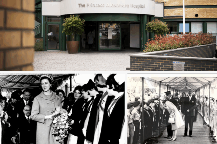 HRH Princess Alexandra at the opening ceremony, and a recent photo of the exterior of The Princess Alexandra Hospital.