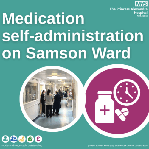 Poster concept. Medication self-administration on Samson Ward. Women and birthing people can now bring and self-administer their own pain relief, such as paracetamol or ibuprofen, after giving birth.