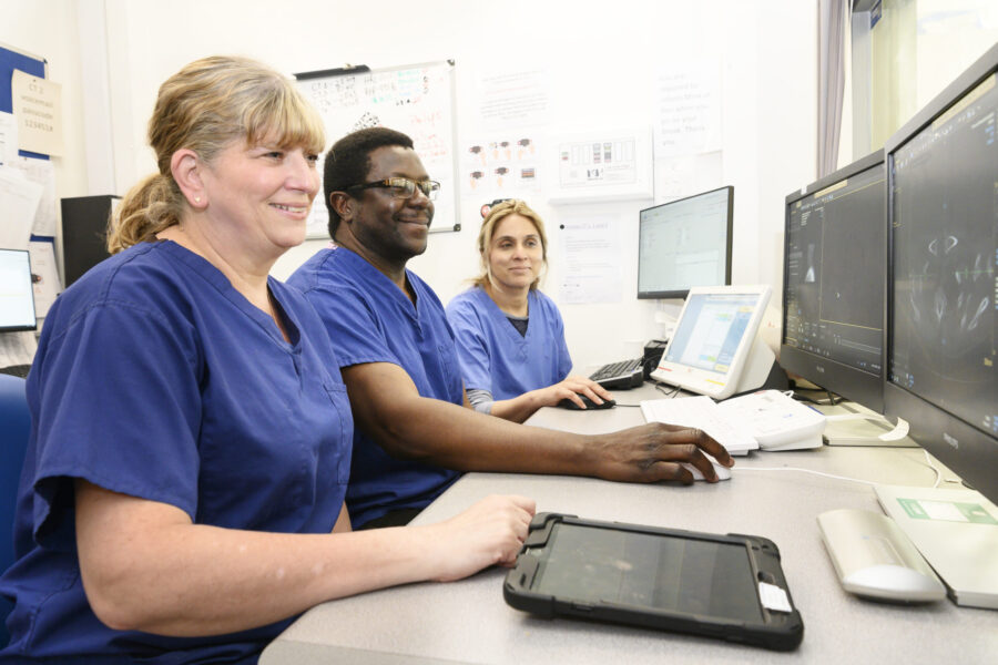 CT, MRI and Ultrasound operatives looking at scans on a computer