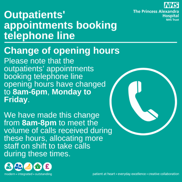 Outpatients’ appointments booking telephone line – change of opening hours