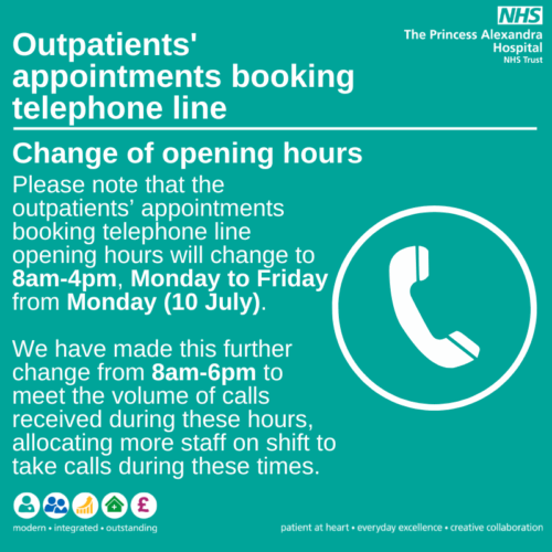 Outpatients’ appointments booking telephone line – change of opening hours - from 10 July